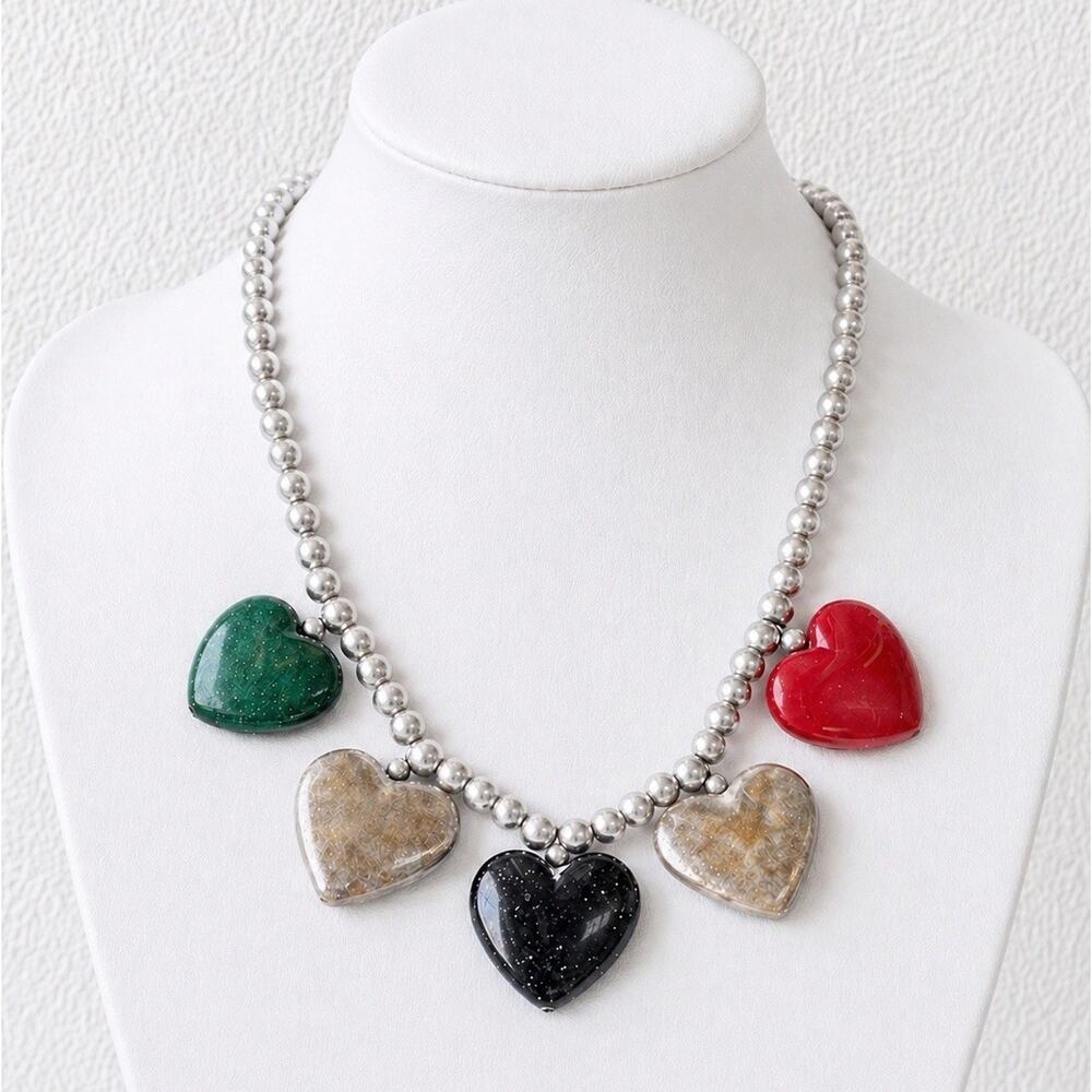 Navajo Pearl Style Heart Charm Silver Tone Beaded Necklace Southwestern Western